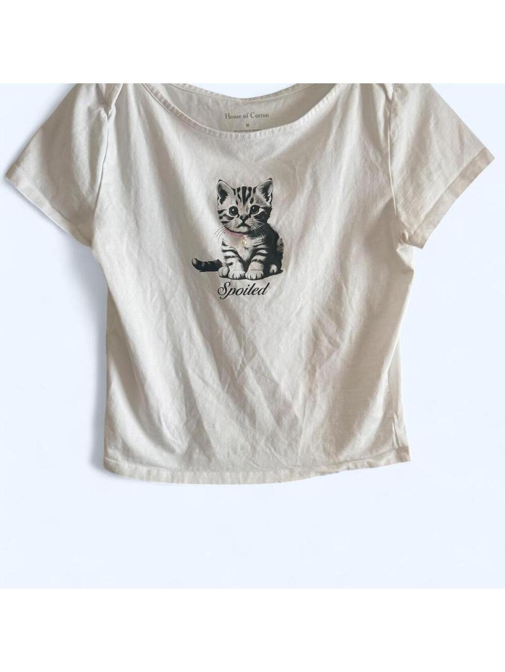 White cotton baby tee with black cat graphic and 'Spoiled' text, size M